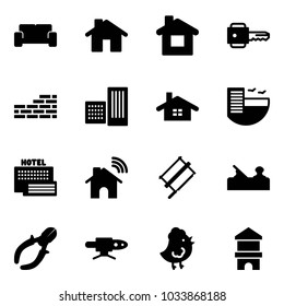 Solid vector icon set - vip waiting area vector, home, key, brick wall, building, hotel, sea, wireless, bucksaw, jointer, side cutters, pipe welding, chicken toy, block house