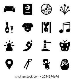 Solid vector icon set - vip waiting area vector, passport, radar, firework, wine, dog, pull ups, music, idea, flying man, lighthouse, butterfly, navigation pin, plumber, doll, russian