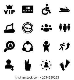 Solid vector icon set - vip vector, credit card, disabled, snowmobile, treadmill, no cart horse road sign, group, head hunter, community, success, career, winner, victory, star man, feet