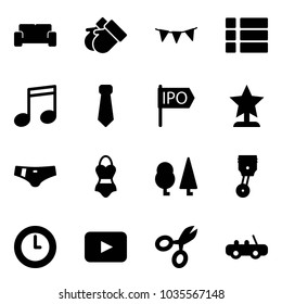 Solid vector icon set - vip waiting area vector, gloves, flag garland, menu, music, tie, ipo, award, swimsuit, forest, piston, clock, playback, scissors, toy car