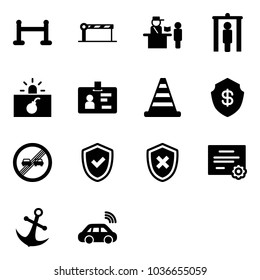 Solid vector icon set - vip zone vector, barrier, passport control, metal detector gate, terrorism, identity, road cone, safe, end overtake limit sign, shield check, cross, certificate, anchor