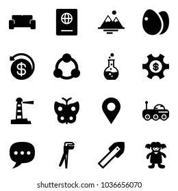 Solid vector icon set - vip waiting area vector, passport, mountains, eggs, money back, social, round flask, managemet, lighthouse, butterfly, navigation pin, moon rover, chat, plumber, tile drill