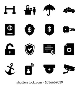 Solid vector icon set - vip zone vector, passport control, insurance, safety car, safe, key, unlocked, shield check, certificate, anchor, identity card, surveillance camera