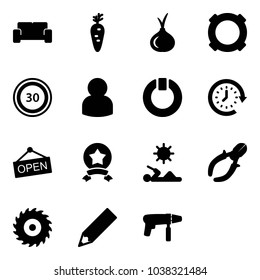 Solid vector icon set - vip waiting area vector, carrot, onion, currency, speed limit 30 road sign, user, standby, clock around, open, star medal, reading, side cutters, saw disk, pencil