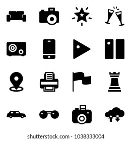 Solid vector icon set - vip waiting area vector, camera, christmas star, wine glasses, safe, phone, play, pause, map pin, printer, flag, chess tower, limousine, sunglasses, cloud exchange data