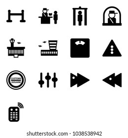 Solid vector icon set - vip zone vector, passport control, metal detector gate, officer window, airport building, floor scales, traffic light road sign, customs, settings, fast forward, backward