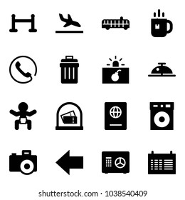 Solid vector icon set - vip zone vector, arrival, airport bus, tea, phone, trash bin, terrorism, client bell, baby, passport, camera, left arrow, safe, schedule