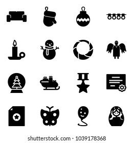 Solid vector icon set - vip waiting area vector, christmas glove, ball, garland, candle, snowman, wreath, angel, snowball tree, santa sleigh, star medal, certificate, butterfly, balloon smile
