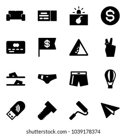 Solid Vector Icon Set - Vip Waiting Area Vector, Ticket, Terrorism, Dollar Coin, Credit Card, Flag, Landslide Road Sign, Victory, Flip Flops, Swimsuit, Air Balloon, Usb Wi Fi, Bolt, Paint Roller