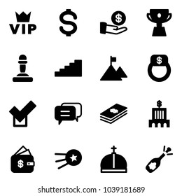 Solid vector icon set - vip vector, dollar, investment, cup, pawn, stairs, mountain, finger ring, check, dialog, bank building, finance management, first satellite, crown, fizz opening