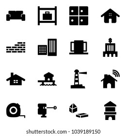 Solid vector icon set - vip waiting area vector, baggage room, home, brick wall, building, doors, bank, bungalow, lighthouse, wireless, measuring tape, laser lever, constructor blocks
