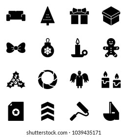 Solid vector icon set - vip waiting area vector, christmas tree, gift, bow, ball, candle, cake man, holly, wreath, angel, certificate, chevron, paint roller, sailboat toy