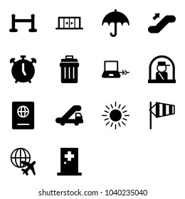 Solid vector icon set - vip zone vector, automatic doors, insurance, escalator up, alarm clock, trash bin, notebook connect, officer window, passport, trap truck, sun, side wind, plane globe