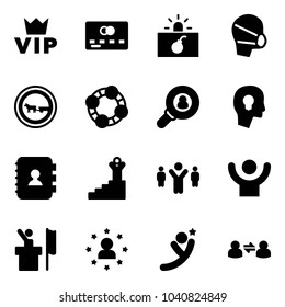 Solid vector icon set - vip vector, credit card, terrorism, medical mask, no cart horse road sign, friends, head hunter, bulb, contact book, success, team leader, speaker, star man, flying
