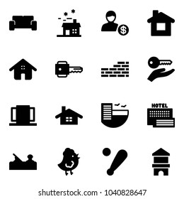 Solid vector icon set - vip waiting area vector, house, account, home, key, brick wall, hand, doors, hotel, sea, jointer, chicken toy, baseball bat, block