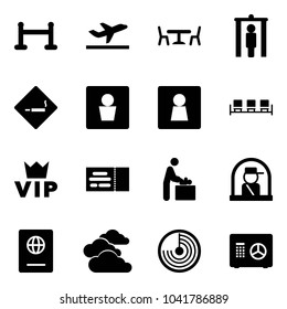 Solid vector icon set - vip zone vector, departure, cafe, metal detector gate, smoking area sign, male wc, female, waiting, ticket, baby room, officer window, passport, clouds, radar, safe