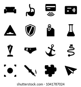 Solid vector icon set - vip waiting area vector, stomach, tap pay, artificial unevenness road sign, shield, attachment, flask, pennant, swimsuit, anchor, trip, record button, soldering iron, puzzle