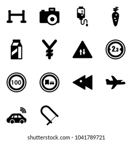 Solid vector icon set - vip zone vector, camera, drop counter, carrot, milk, yen, oncoming traffic road sign, limited width, speed limit 100, no truck overtake, fast backward, plane, car wireless