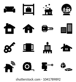 Solid vector icon set - vip waiting area vector, baggage room, house, snowball, home, key, building, doors, bank, wireless, measuring tape, laser lever, constructor blocks