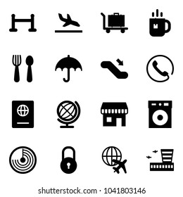 Solid vector icon set - vip zone vector, arrival, baggage, tea, spoon and fork, insurance, escalator down, phone, passport, globe, duty free, radar, lock, plane, airport building