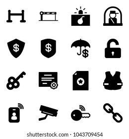 Solid vector icon set - vip zone vector, barrier, terrorism, officer window, safe, insurance, unlocked, key, certificate, life vest, identity card, surveillance camera, wireless, link