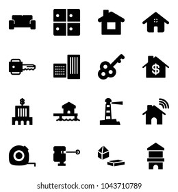 Solid vector icon set - vip waiting area vector, baggage room, home, key, building, dollar, bank, bungalow, lighthouse, wireless, measuring tape, laser lever, constructor blocks, toy block house