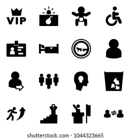 Solid vector icon set - vip vector, terrorism, baby, disabled, identity, hotel, no cart horse road sign, user, login, group, head bulb, garbage, career, success, speaker, information exchange
