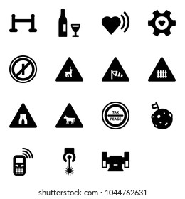 Solid vector icon set - vip zone vector, wine, heart beat, gear, no parkin odd, wild animals road sign, side wind, railway intersection, narrows, cow, tax peage, moon flag, mobile phone, laser