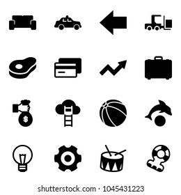Solid vector icon set - vip waiting area vector, safety car, left arrow, fork loader, meat, credit card, growth, case, rich, cloud ladder, ball, dolphin, bulb, gear, drum, teethers