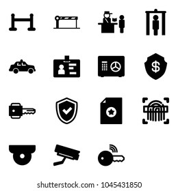 Solid vector icon set - vip zone vector, barrier, passport control, metal detector gate, safety car, identity, safe, key, shield check, certificate, fingerprint scanner, surveillance camera