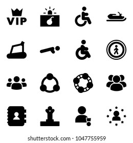 Solid vector icon set - vip vector, terrorism, disabled, snowmobile, treadmill, push ups, no pedestrian road sign, group, social, friends, contact book, winner, star man