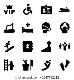 Solid vector icon set - vip vector, disabled, identity, snowmobile, treadmill, hospital bed, medical mask, man globe, career, contact book, success, team leader, opportunity, speaker, flying, feet