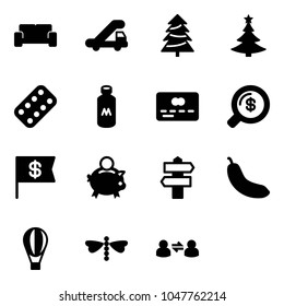 Solid vector icon set - vip waiting area vector, trap truck, christmas tree, pills blister, milk, credit card, money search, dollar flag, piggy bank, signpost, banana, air balloon, dragonfly