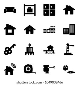 Solid vector icon set - vip waiting area vector, baggage room, home, brick wall, building, key, bank, bungalow, lighthouse, wireless, measuring tape, laser lever, constructor blocks