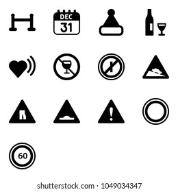 Solid vector icon set - vip zone vector, 31 dec calendar, christmas hat, wine, heart beat, no alcohol sign, parkin odd, steep descent road, narrows, artificial unevenness, attention, prohibition