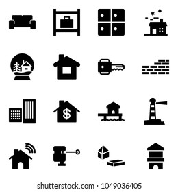 Solid vector icon set - vip waiting area vector, baggage room, house, snowball, home, key, brick wall, building, dollar, bungalow, lighthouse, wireless, laser lever, constructor blocks, toy block
