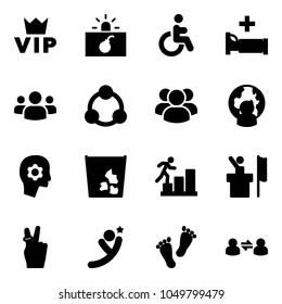 Solid vector icon set - vip vector, terrorism, disabled, hospital bed, group, social, man globe, brain work, garbage, career, speaker, victory, flying, feet, information exchange