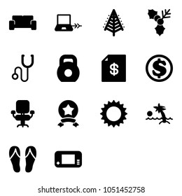 Solid vector icon set - vip waiting area vector, notebook connect, christmas tree, holly, stethoscope, weight, account statement, dollar, office chair, star medal, sun, palm, flip flops