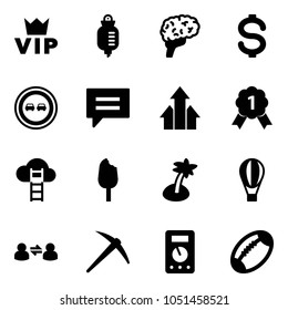 Solid vector icon set - vip vector, drop counter, brain, dollar, no overtake road sign, chat, arrows up, gold medal, cloud ladder, ice cream, palm, air balloon, information exchange, axe, multimeter