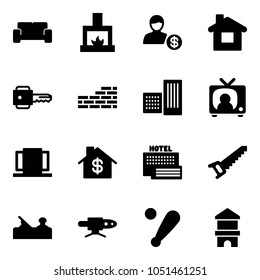 Solid vector icon set - vip waiting area vector, fireplace, account, home, key, brick wall, building, tv news, doors, dollar, sea hotel, saw, jointer, pipe welding, baseball bat, toy block house
