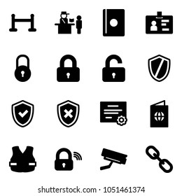 Solid vector icon set - vip zone vector, passport control, identity, lock, locked, unlocked, shield, check, cross, certificate, life vest, wireless, surveillance camera, link