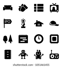 Solid vector icon set - vip waiting area vector, gloves, menu, tv news, ipo, award, home, cap, forest, terms plan, clock, cpu, chip, robot, radio