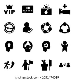 Solid vector icon set - vip vector, credit card, terrorism, hospital bed, no cart horse road sign, user check, friends, community, head bulb, man globe, brain work, success, career, win, speaker