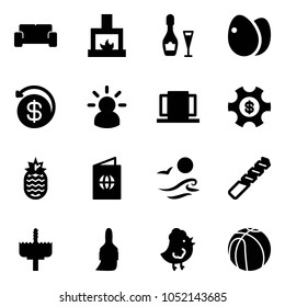 Solid vector icon set - vip waiting area vector, fireplace, wine, eggs, money back, idea, doors, managemet, pineapple, passport, waves, drill, crown, brush, chicken toy, basketball