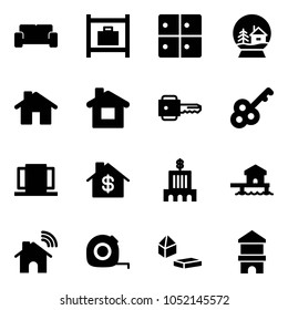 Solid vector icon set - vip waiting area vector, baggage room, snowball house, home, key, doors, dollar, bank building, bungalow, wireless, measuring tape, constructor blocks, toy block
