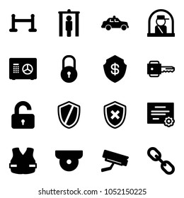 Solid vector icon set - vip zone vector, metal detector gate, safety car, officer window, safe, lock, key, unlocked, shield, cross, certificate, life vest, surveillance camera, link