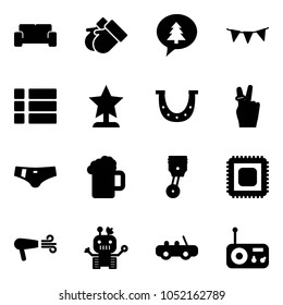 Solid vector icon set - vip waiting area vector, gloves, merry christmas message, flag garland, menu, award, luck, victory, swimsuit, beer, piston, cpu, dryer, robot, toy car, radio