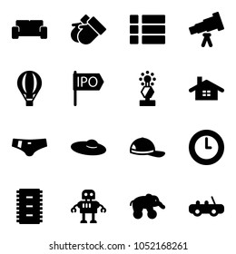 Solid vector icon set - vip waiting area vector, gloves, menu, telescope, air balloon, ipo, award, home, swimsuit, woman hat, cap, clock, chip, robot, elephant wheel, toy car
