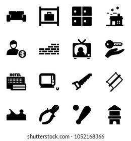 Solid vector icon set - vip waiting area vector, baggage room, house, account, brick wall, tv news, key hand, sea hotel, monoblock pc, saw, bucksaw, jointer, side cutters, baseball bat, toy block