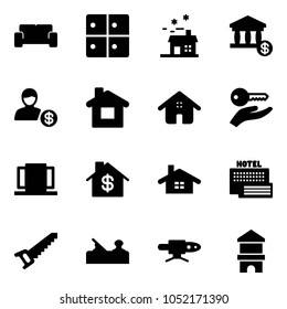 Solid vector icon set - vip waiting area vector, baggage room, house, account, home, key hand, doors, dollar, sea hotel, saw, jointer, pipe welding, toy block